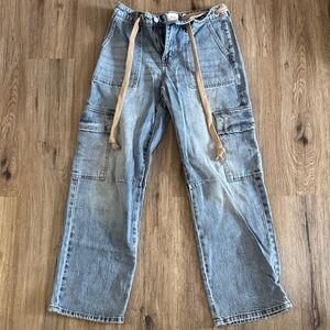 KanCan Blue Cargo Pants with Tan Belt